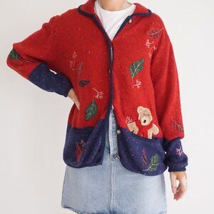 Tabi International Red Navy Knit Embroidered Teddy Bear Leaf Festive Cardigan M
